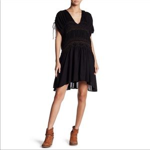 Free People Love On The Run Black Smocked Embroidered Dress